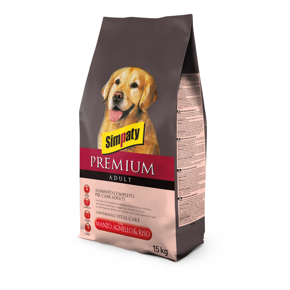 Hrană uscată pentru câini Simpaty Premium, vită, miel și orez, 15 kg