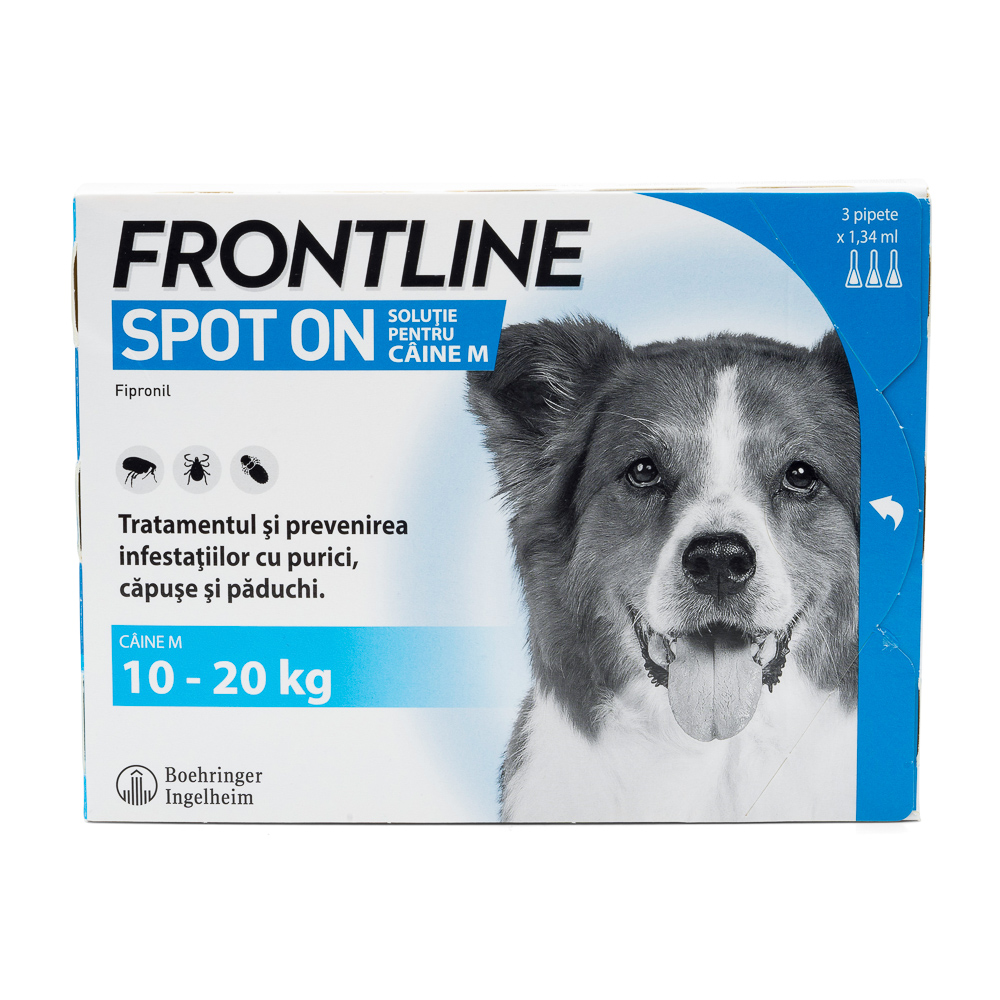 Frontline Spot On pipete antiparazitare pentru câini 10–20 kg (M), 3 pipete