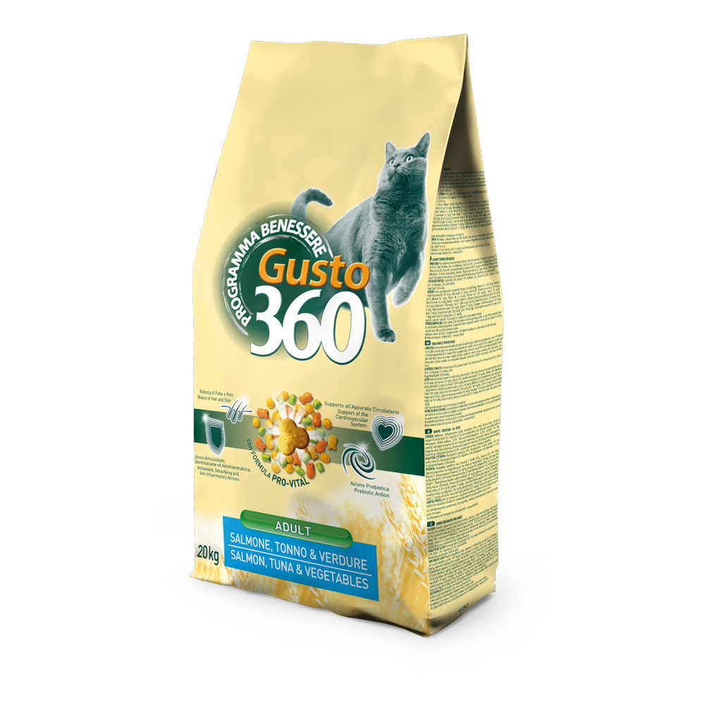 Hrană uscată pentru pisici Gusto 360, somon, ton și legume, 20 kg
