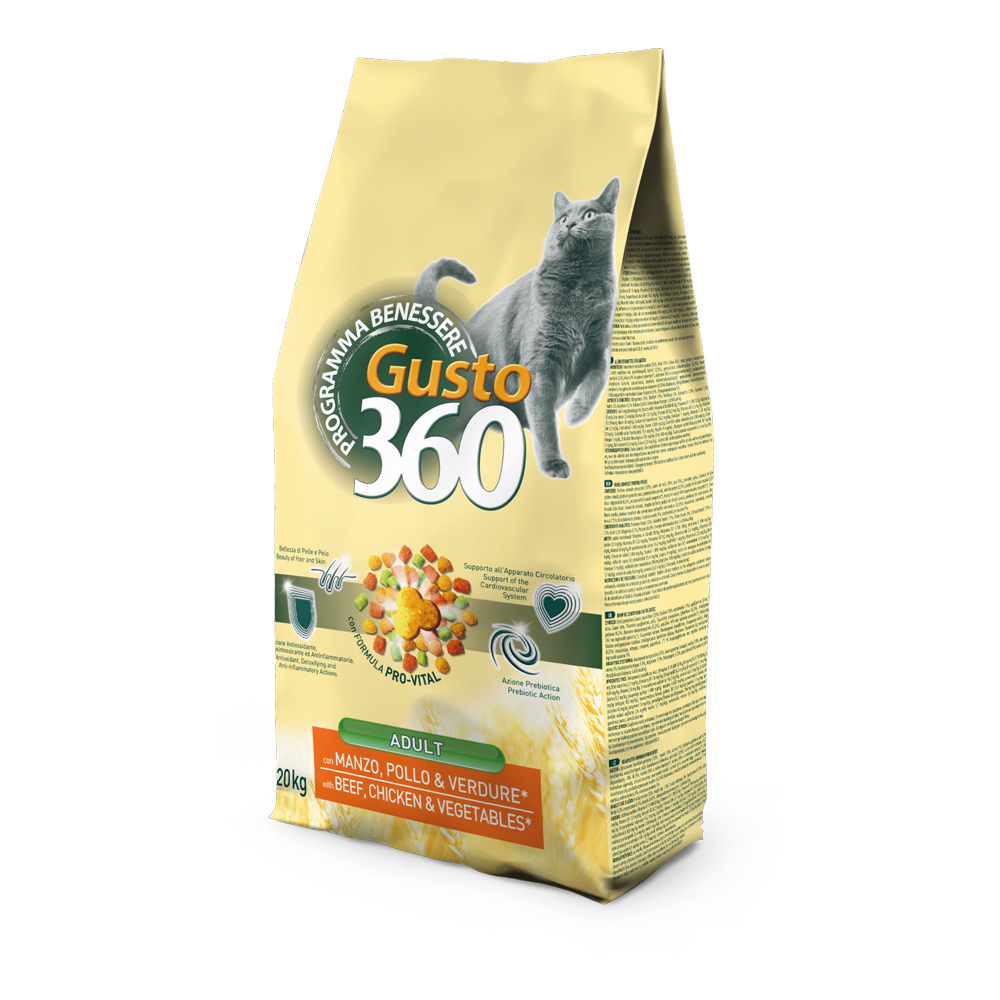 Hrană uscată pentru pisici Gusto 360, vită, pui și legume, 20 kg