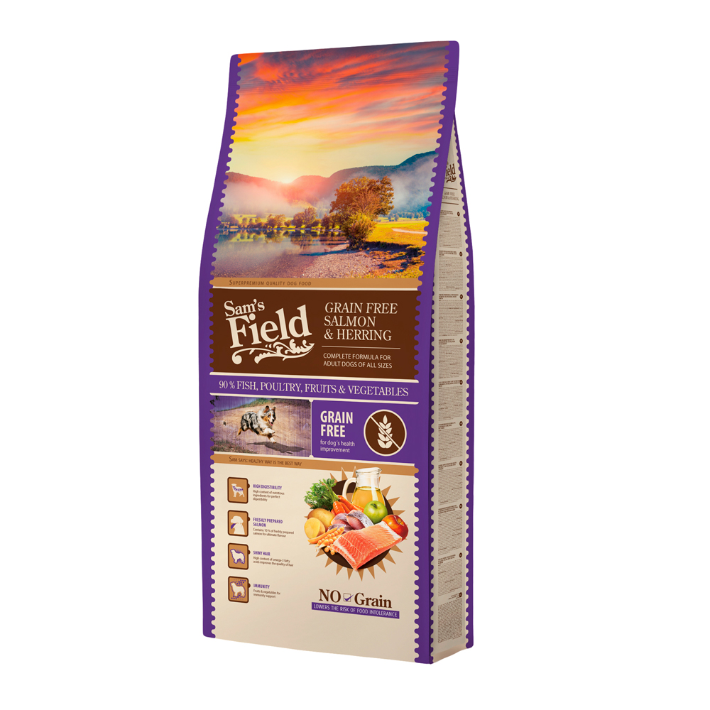 Hrană uscată pentru câini Sam's Field Adult Grain Free, somon și hering, 13 kg