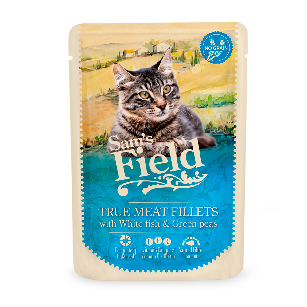 Hrană umedă pentru pisici Sam's Field, file de pește alb cu mazăre, plic 85 g