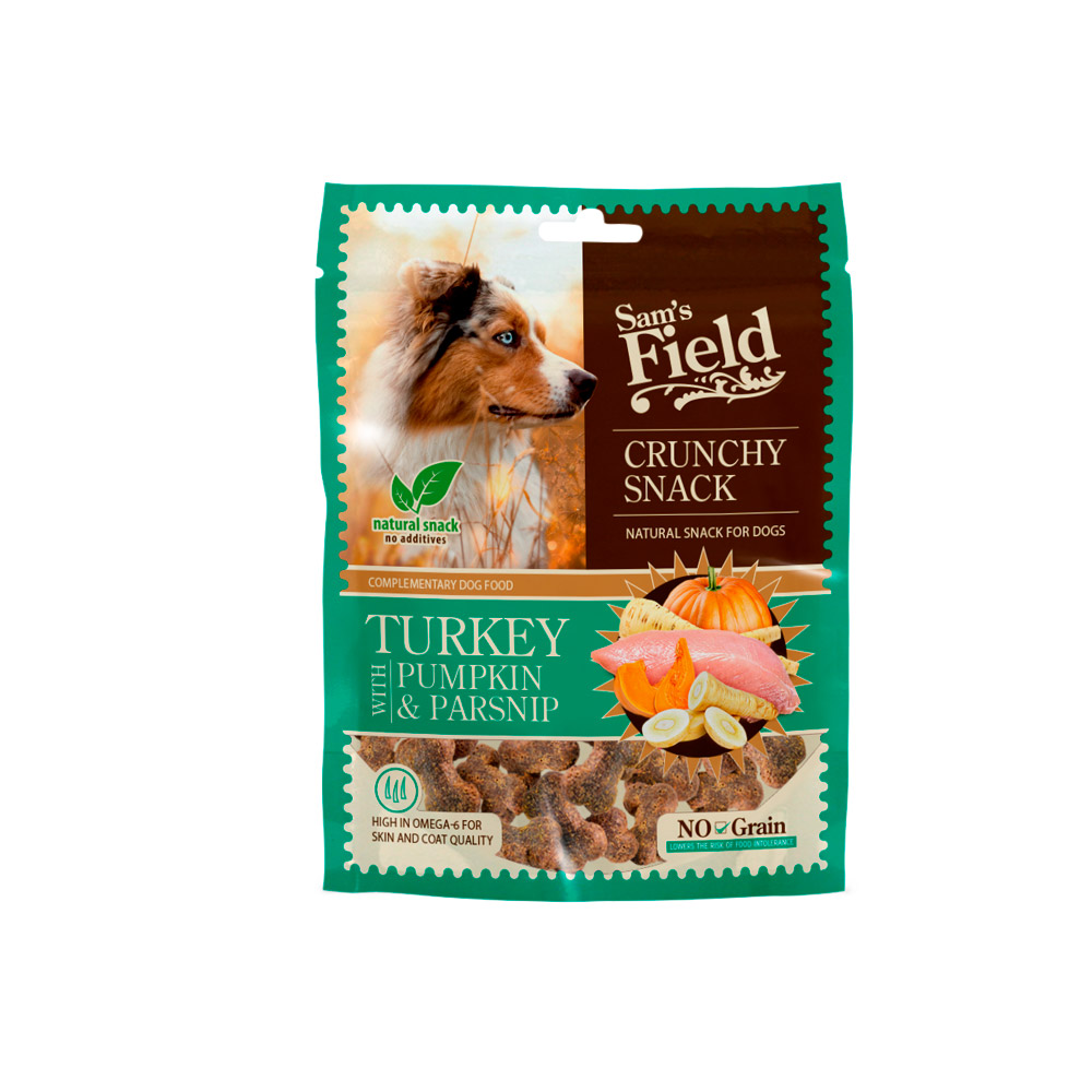 Recompense crocante pentru câini Sam's Field, curcan cu dovleac și păstârnac, 200 g