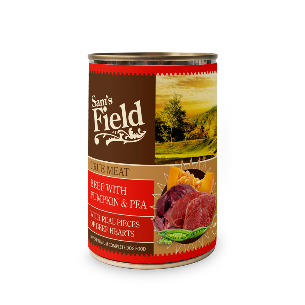 Hrană umedă pentru câini Sam's Field True Meat, vită cu dovleac și mazăre, 400 g