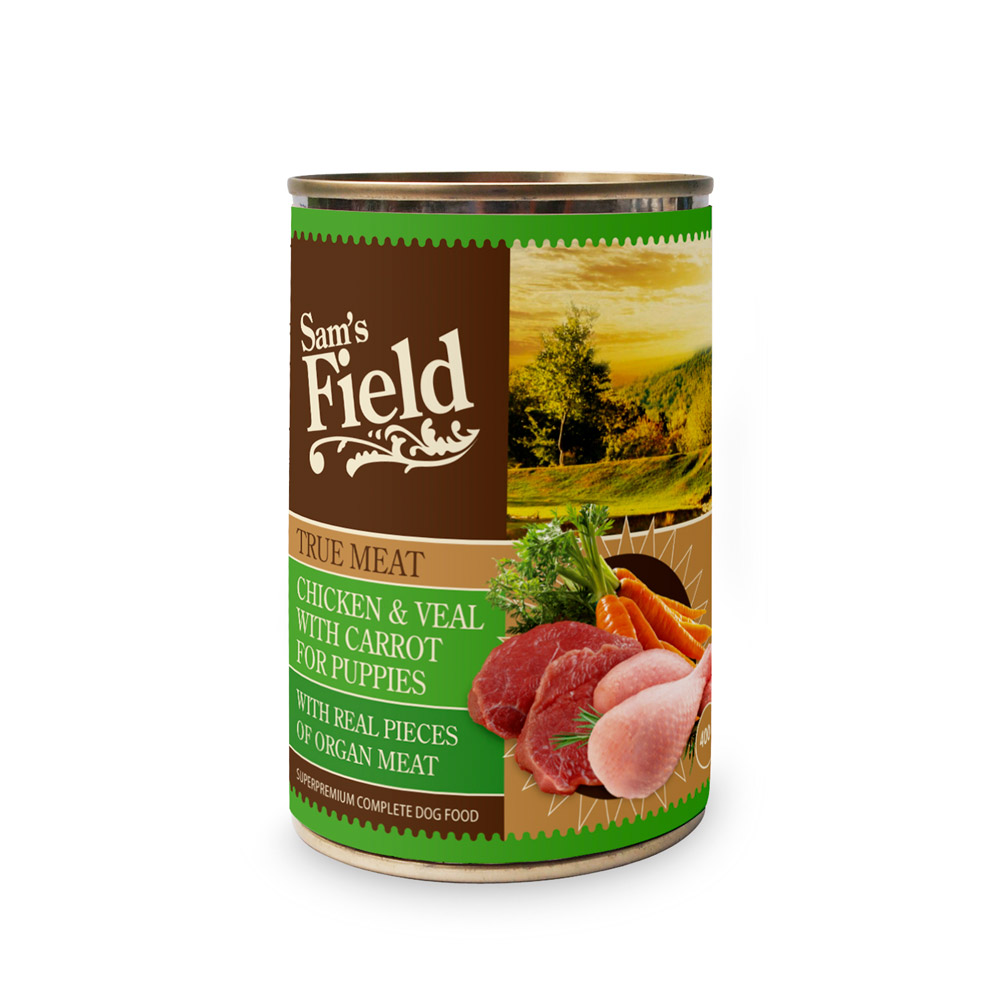 Hrană umedă pentru căței Sam's Field True Meat Puppy, pui și vițel cu morcovi, 400 g