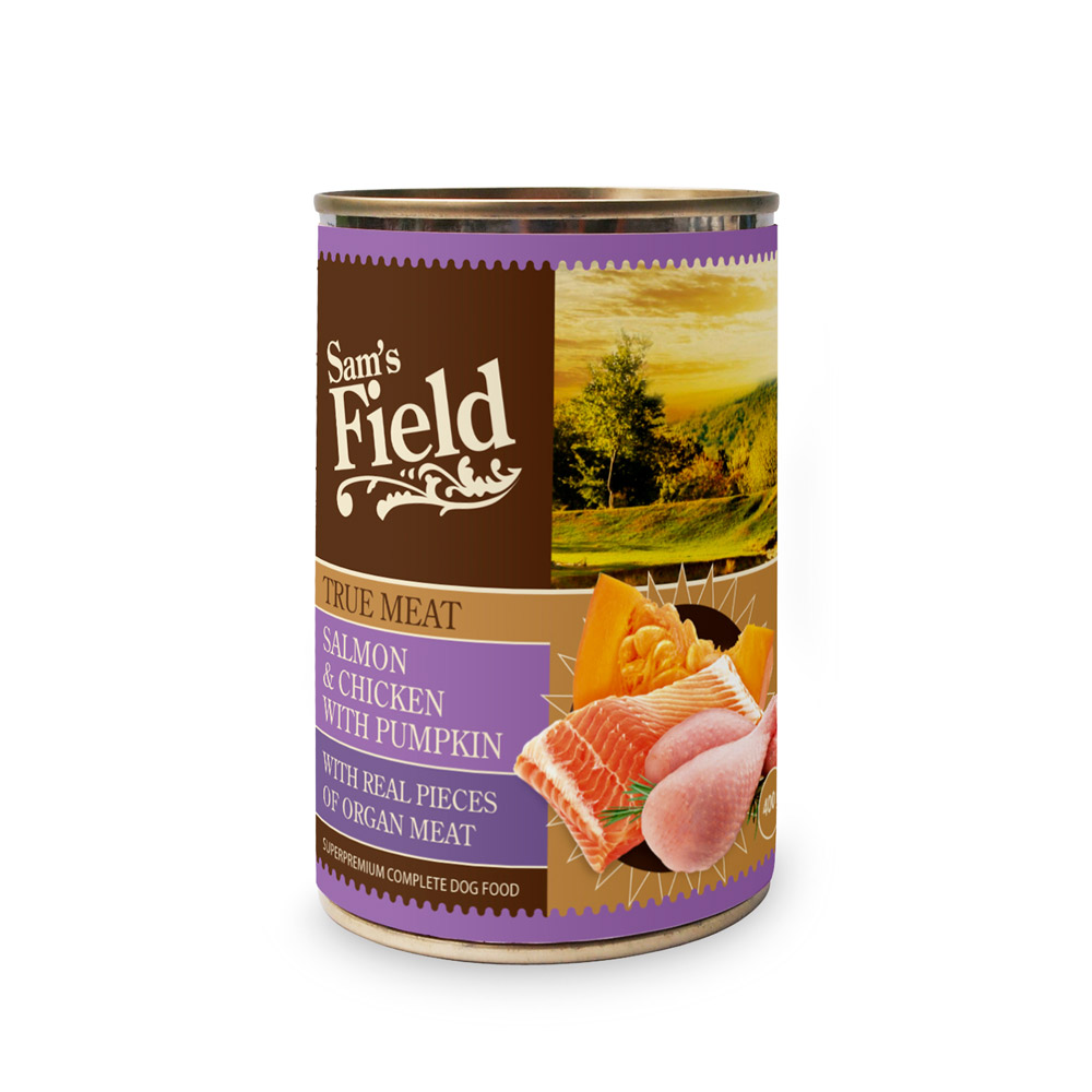 Hrană umedă pentru câini Sam's Field True Meat, somon și pui cu dovleac, 400 g