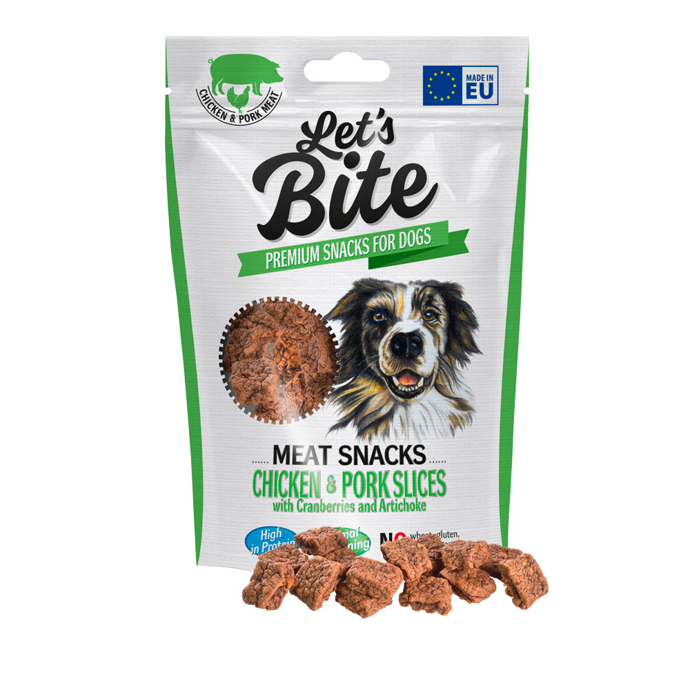 Recompense pentru câini Brit Let's Bite Meat Snacks, felii de pui și porc cu merișoare, 80 g