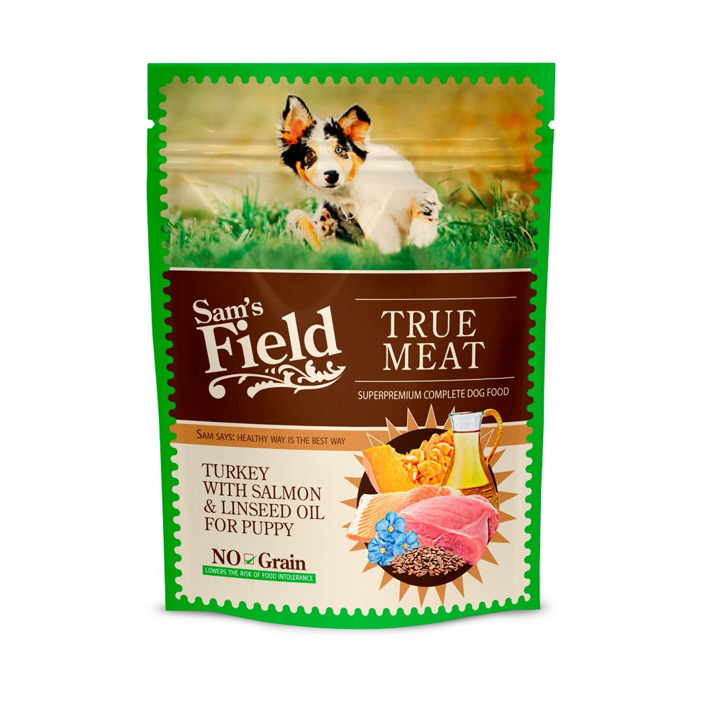 Hrană umedă pentru căței Sam's Field Puppy, curcan cu somon și ulei de in, plic 260 g
