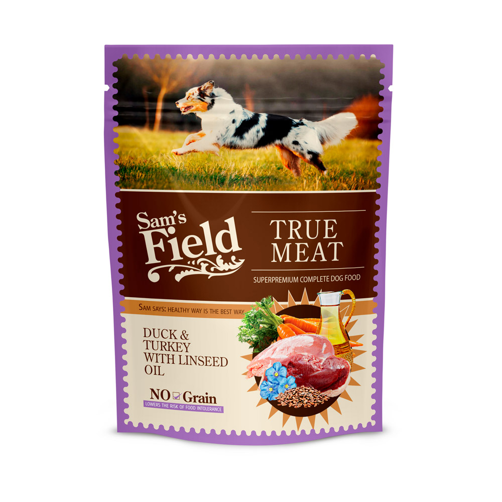 Hrană umedă pentru câini Sam's Field, rață și curcan cu ulei de in, plic 260 g