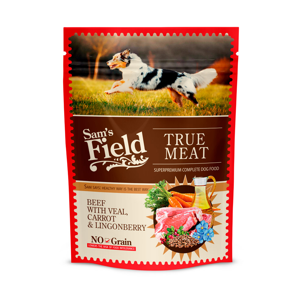 Hrană umedă pentru câini Sam's Field, vită și vițel cu morcovi și merișoare, plic 260 g