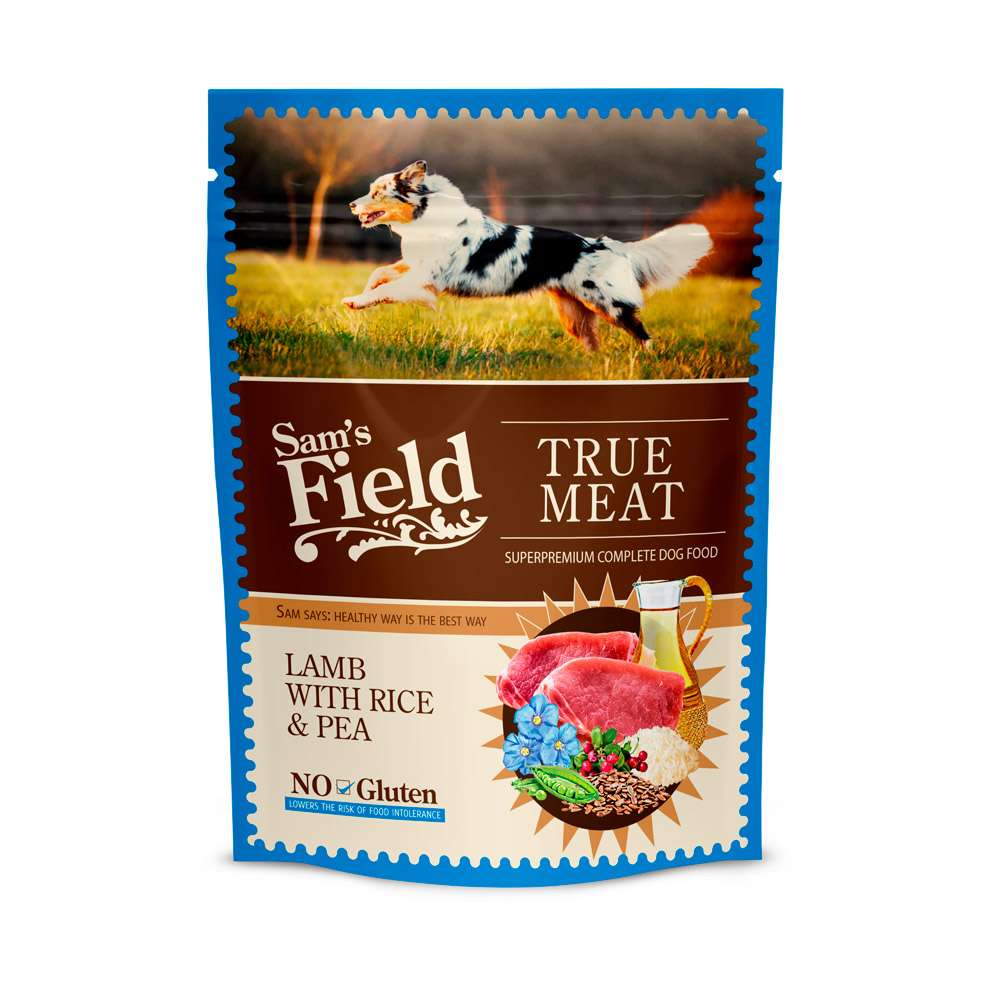 Hrană umedă pentru câini Sam's Field, miel cu orez și mazăre, plic 260 g