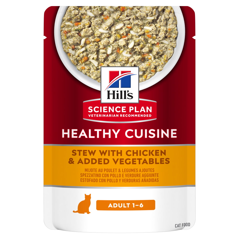 Hrană umedă pentru pisici Hill's Science Plan Adult, tocăniță cu pui și legume, 12 × 80 g (plicuri)