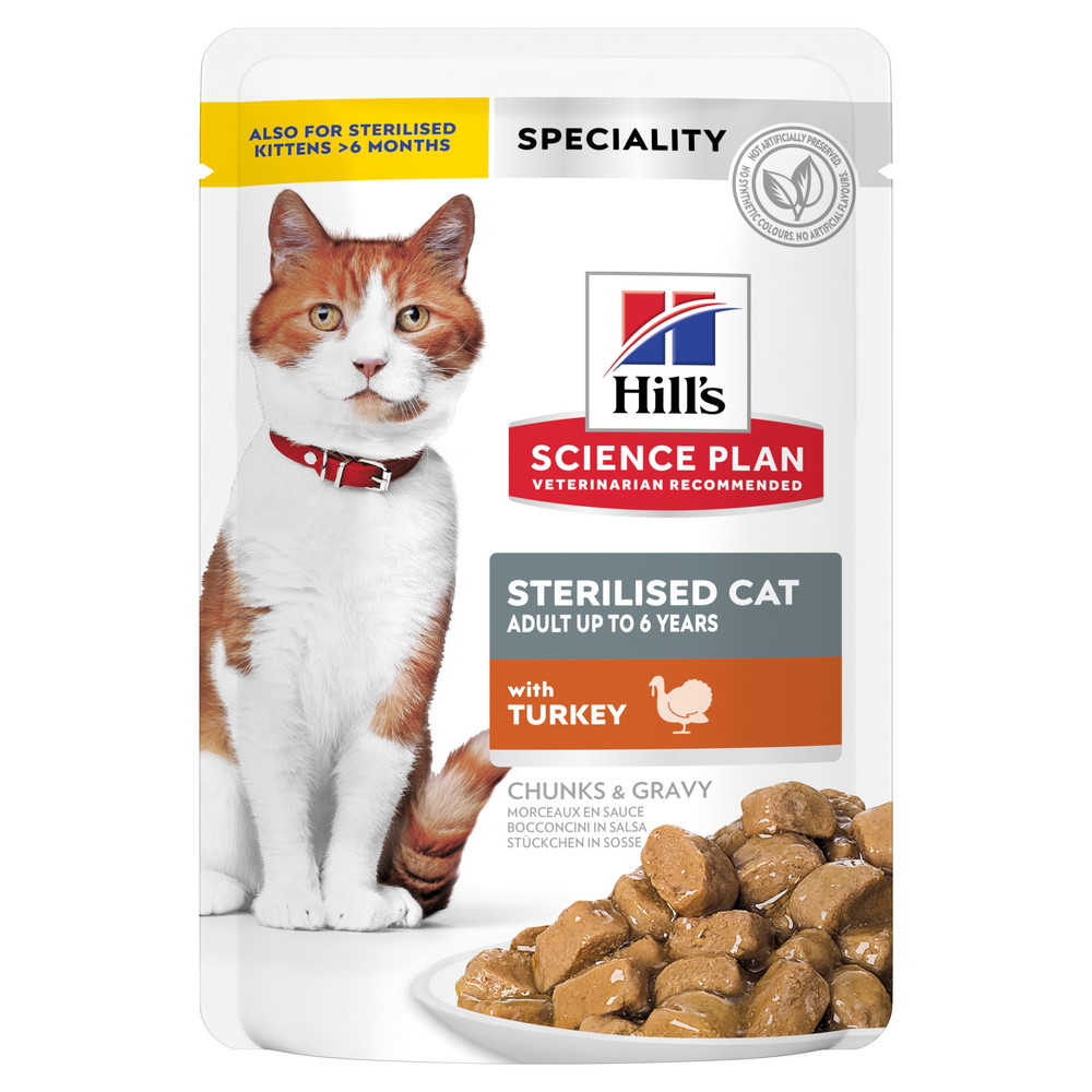 Hrană umedă pentru pisici Hill's Science Plan Adult Sterilised, curcan, 12 × 85 g (plicuri)