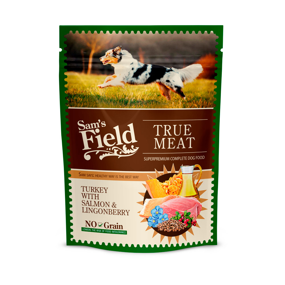 Hrană umedă pentru câini Sam's Field, curcan cu somon și merișoare, plic 260 g