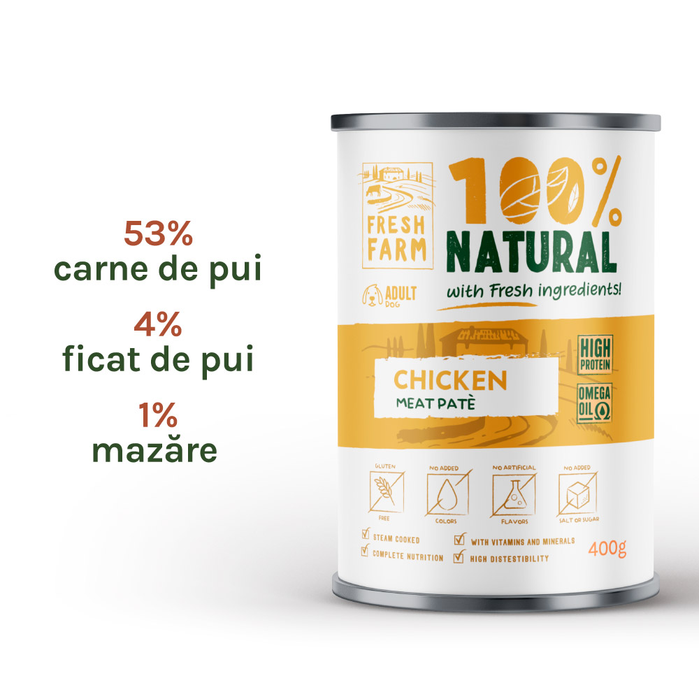 Hrană umedă pentru câini Fresh Farm pate fin cu pui, 400 g