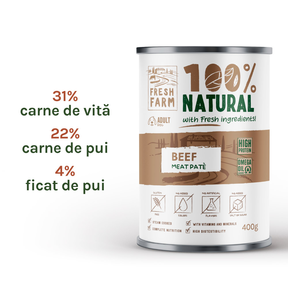 Hrană umedă pentru câini Fresh Farm pate fin cu vită, 400 g