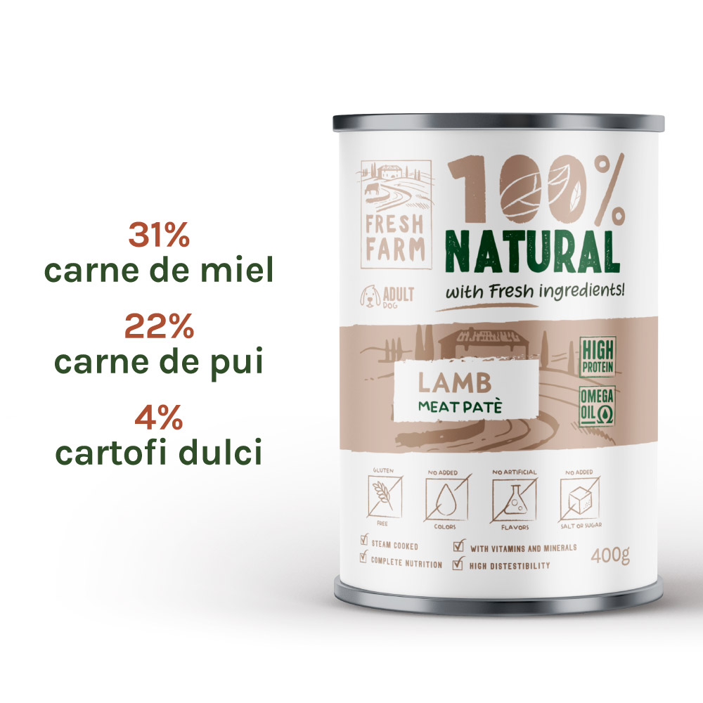 Hrană umedă pentru câini Fresh Farm pate fin cu miel, 400 g