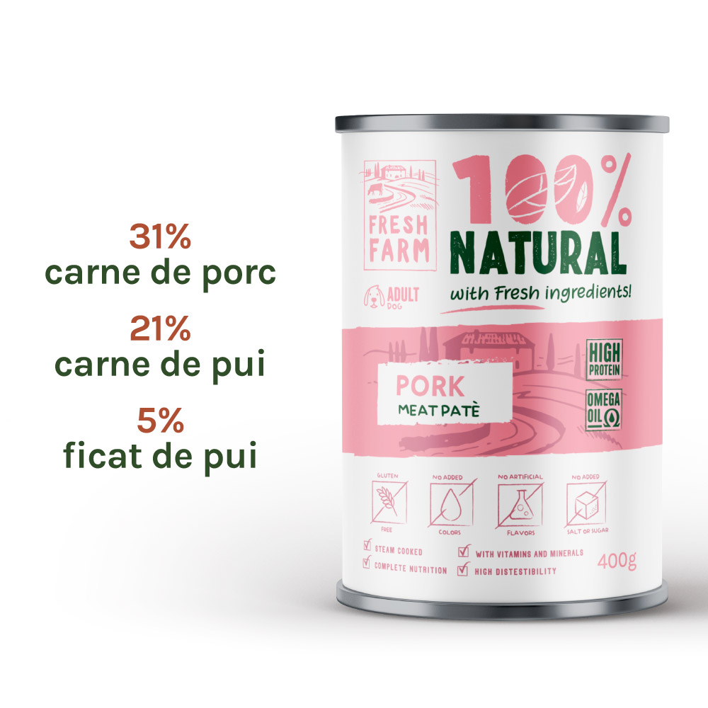 Hrană umedă pentru câini Fresh Farm pate fin cu porc, 400 g