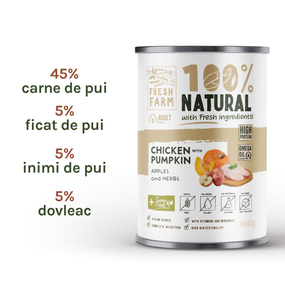 Hrană umedă pentru câini Fresh Farm pate cu pui, dovleac, mere și ierburi, 400 g
