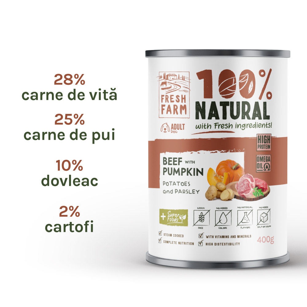 Hrană umedă pentru câini Fresh Farm pate cu vită, dovleac, cartofi și pătrunjel, 400 g