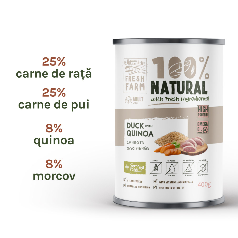 Hrană umedă pentru câini Fresh Farm pate cu rață, quinoa, morcovi și ierburi, 400 g