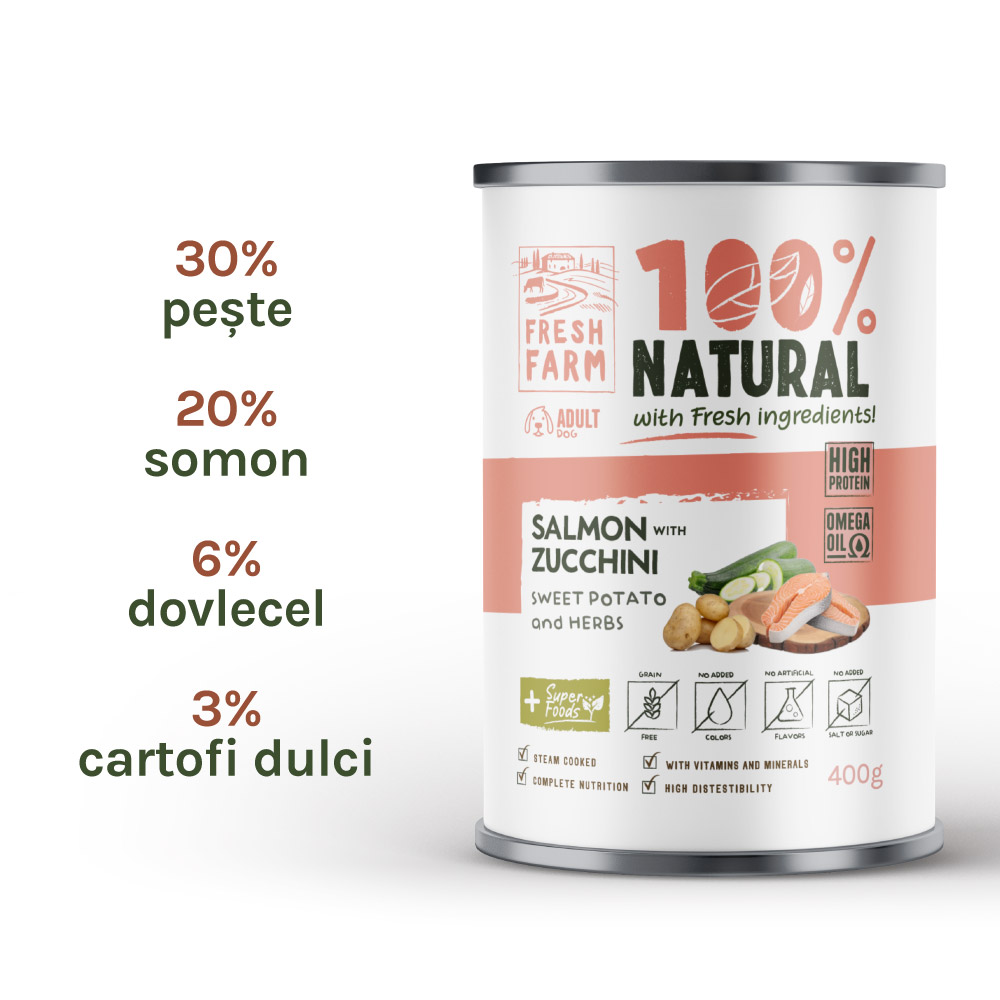 Hrană umedă pentru câini Fresh Farm pate cu somon, dovlecei, cartofi dulci și ierburi, 400 g