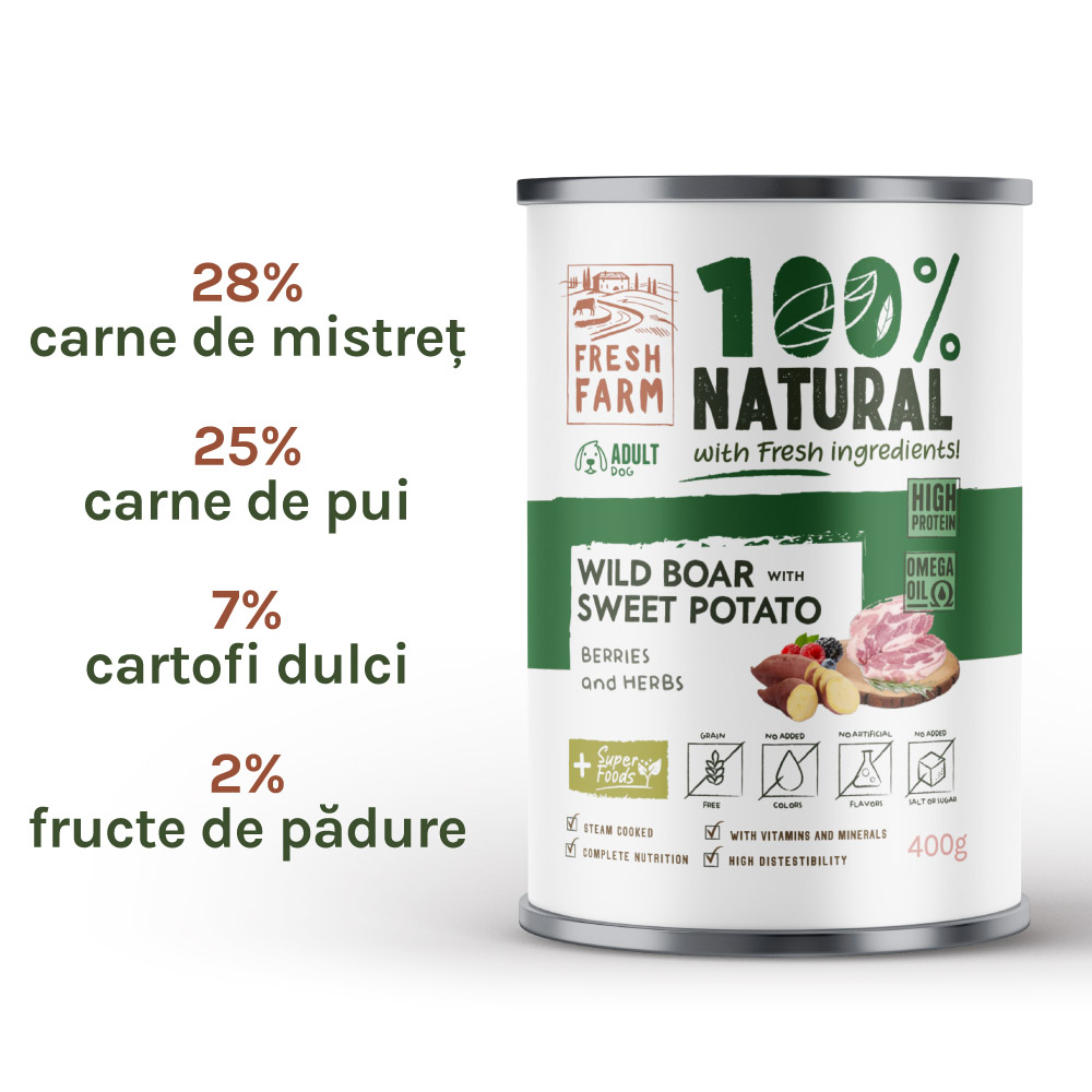 Hrană umedă pentru câini Fresh Farm pate cu mistreț, fructe de pădure și ierburi, 400 g