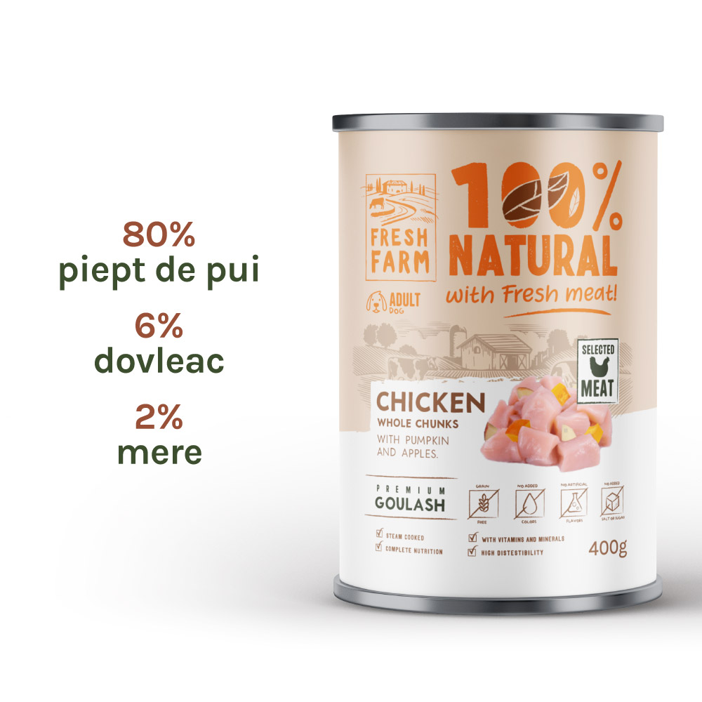 Hrană umedă pentru câini Fresh Farm gulaș cu pui, dovleac și mere, 400 g