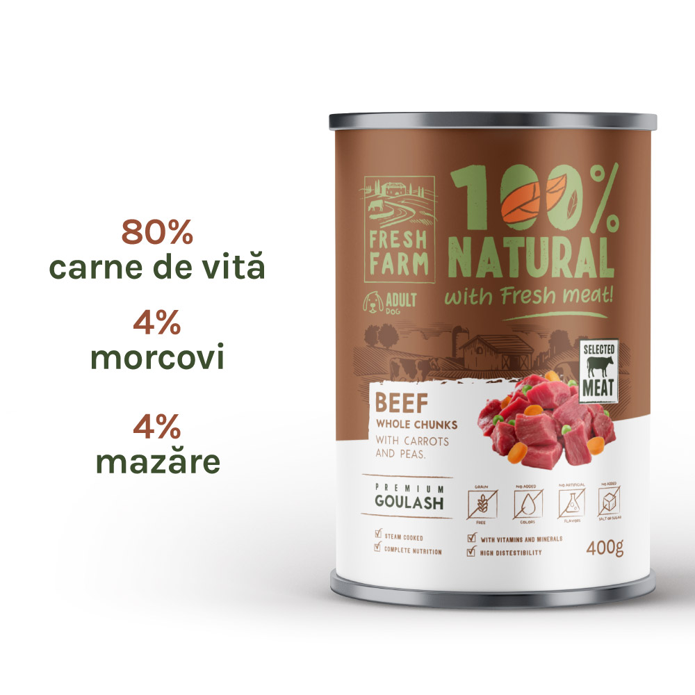 Hrană umedă pentru câini Fresh Farm gulaș cu vită, morcovi și mazăre, 400 g