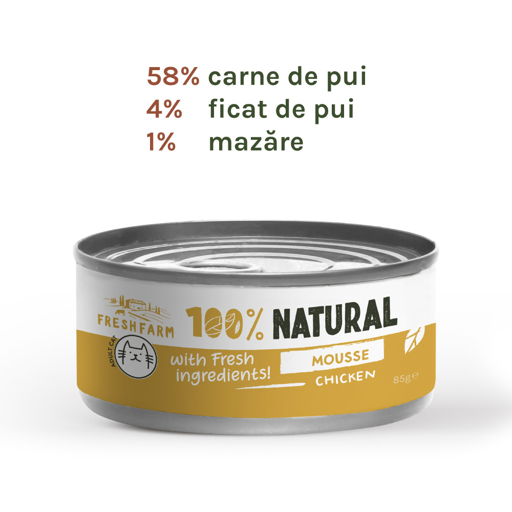 Hrană umedă pentru pisici Fresh Farm mousse cu pui, 85 g