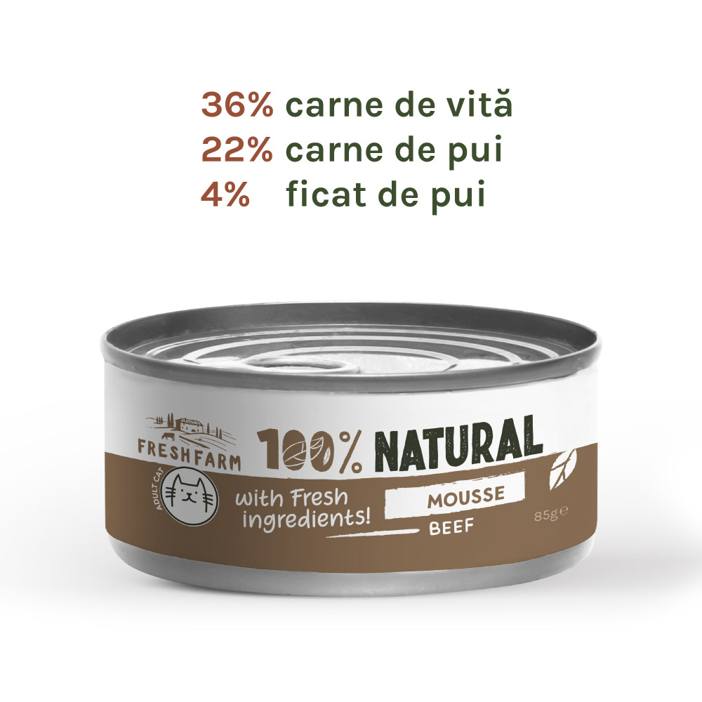 Hrană umedă pentru pisici Fresh Farm mousse cu vită, 85 g