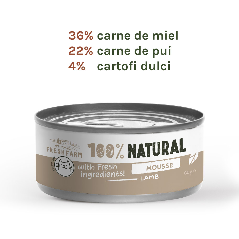 Hrană umedă pentru pisici Fresh Farm mousse cu miel, 85 g