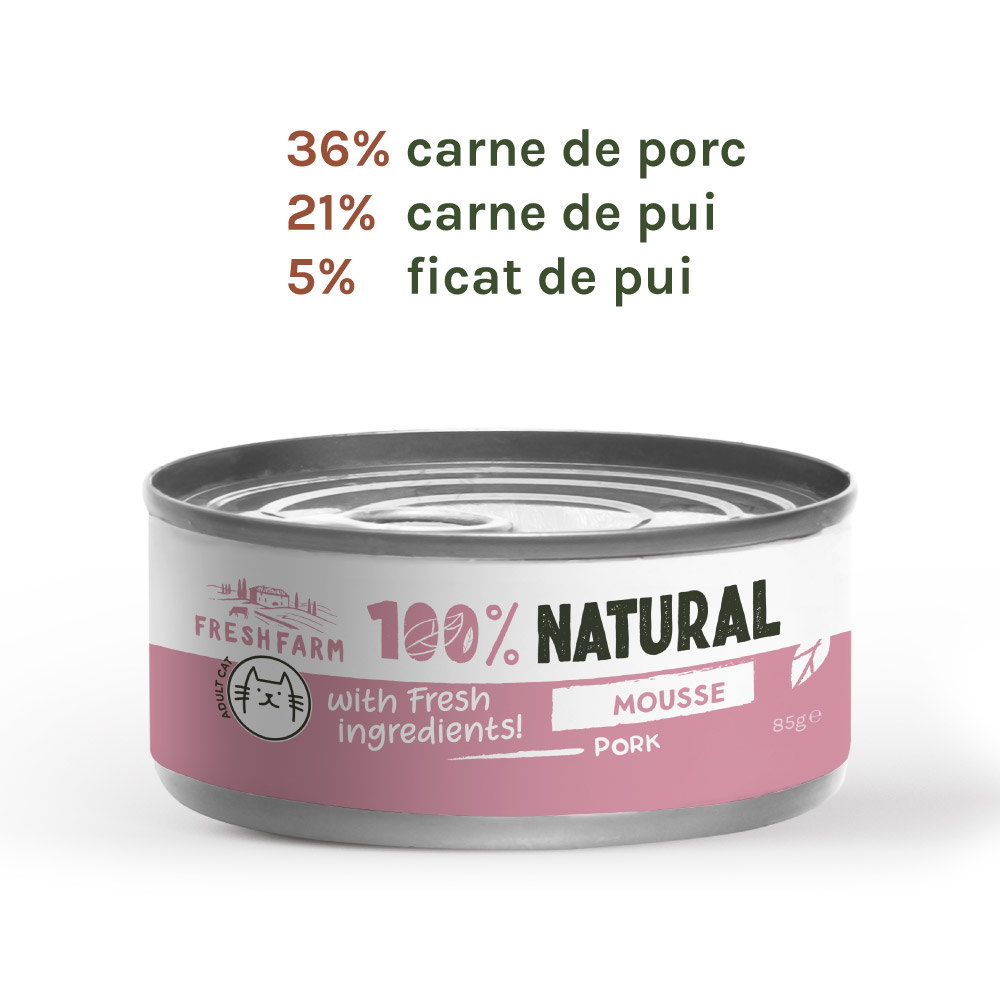 Hrană umedă pentru pisici Fresh Farm mousse cu porc, 85 g