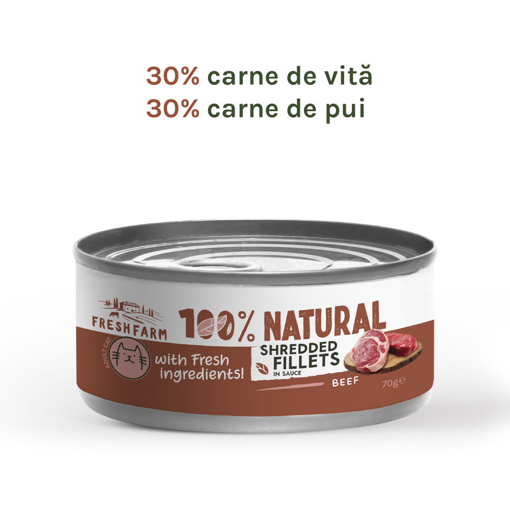 Hrană umedă pentru pisici Fresh Farm fileuri în sos cu vită și pui, 70 g