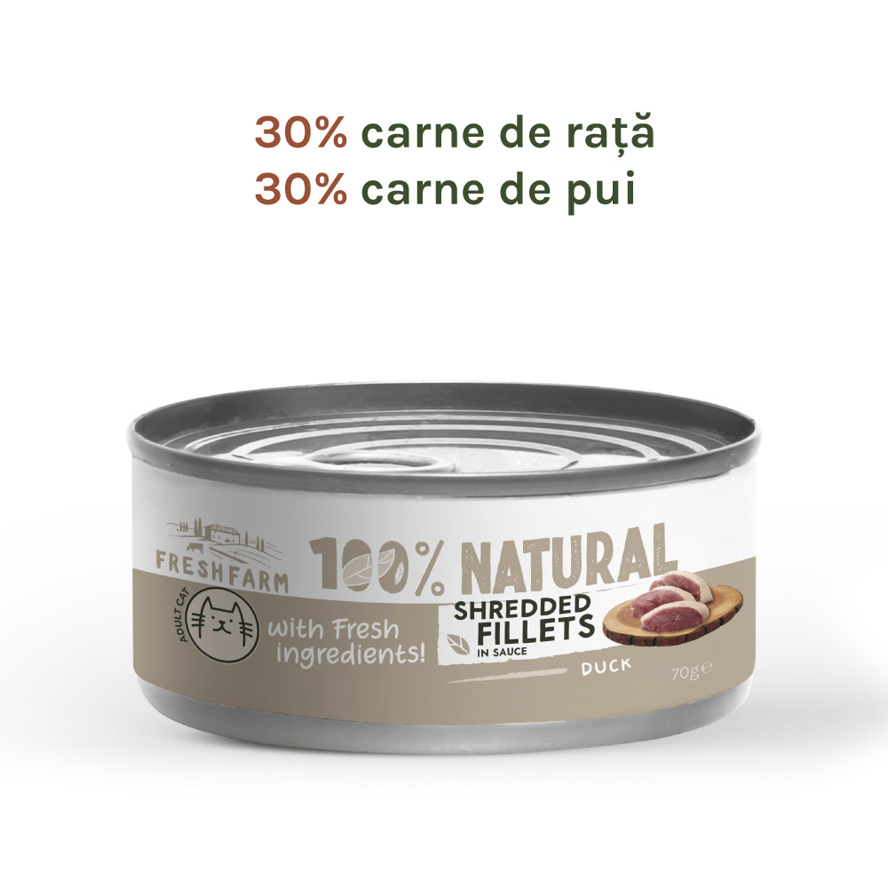 Hrană umedă pentru pisici Fresh Farm fileuri în sos cu rață și pui, 70 g