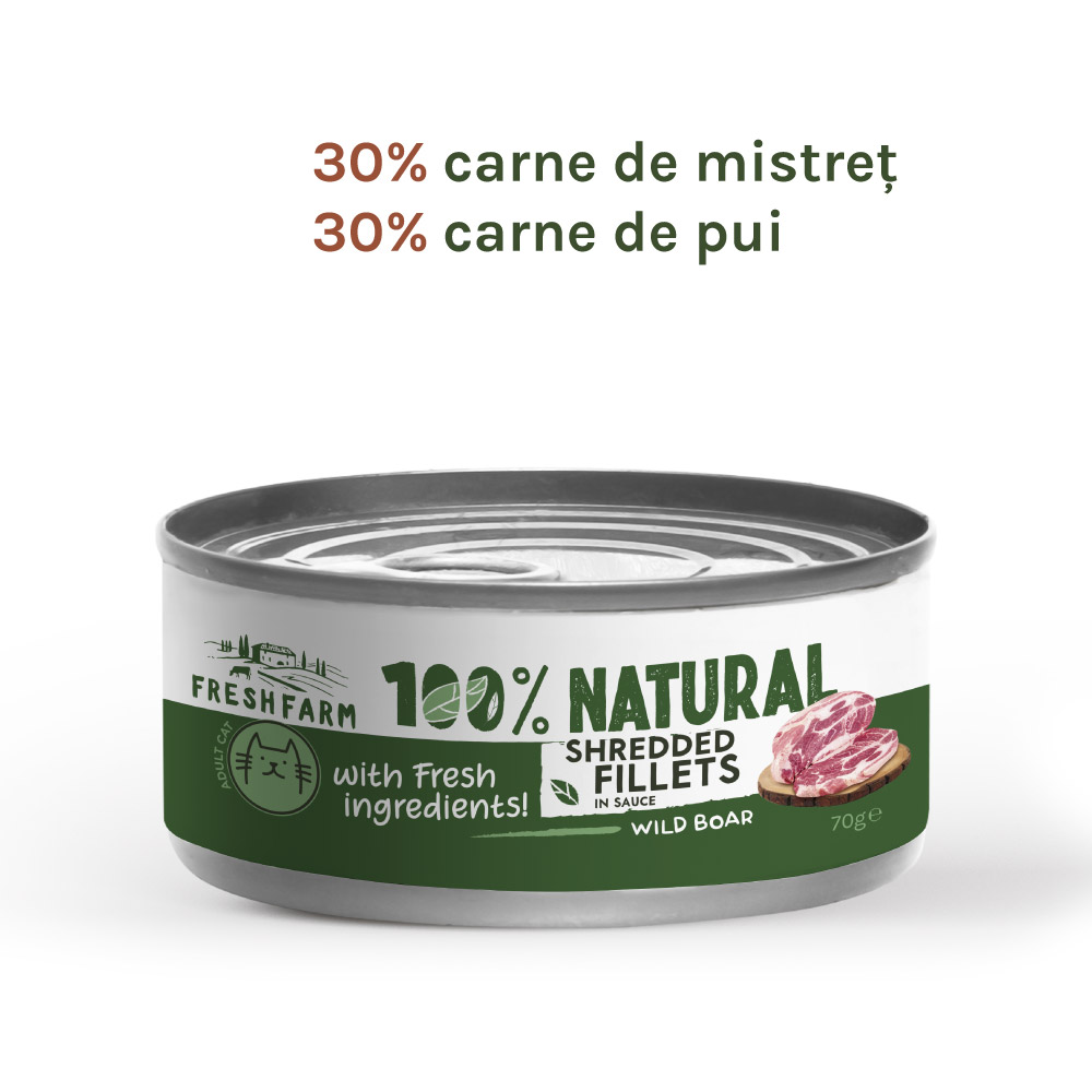 Hrană umedă pentru pisici Fresh Farm fileuri în sos cu mistreț și pui, 70 g