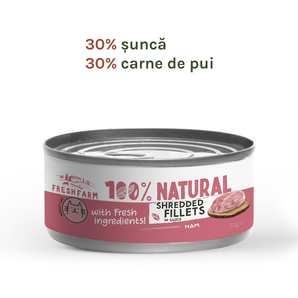 Hrană umedă pentru pisici Fresh Farm fileuri în sos cu șuncă și pui, 70 g