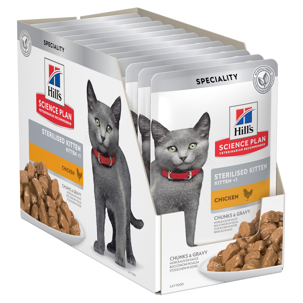 Hrană umedă pentru pisoi Hill's Science Plan Kitten Sterilised, pui, 12 × 85 g (plicuri)