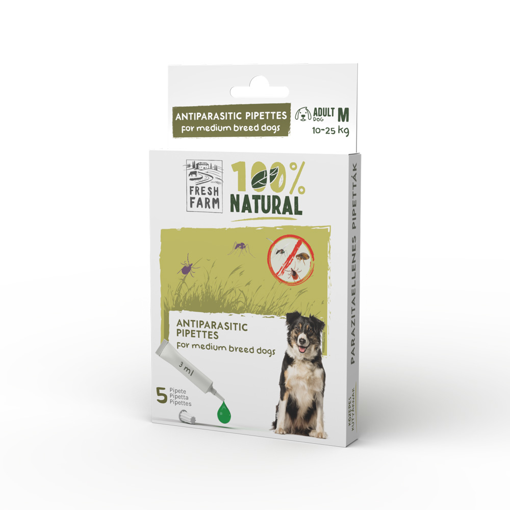 Pipete antiparazitare naturale Fresh Farm pentru câini de talie medie (M), 5 × 3 ml