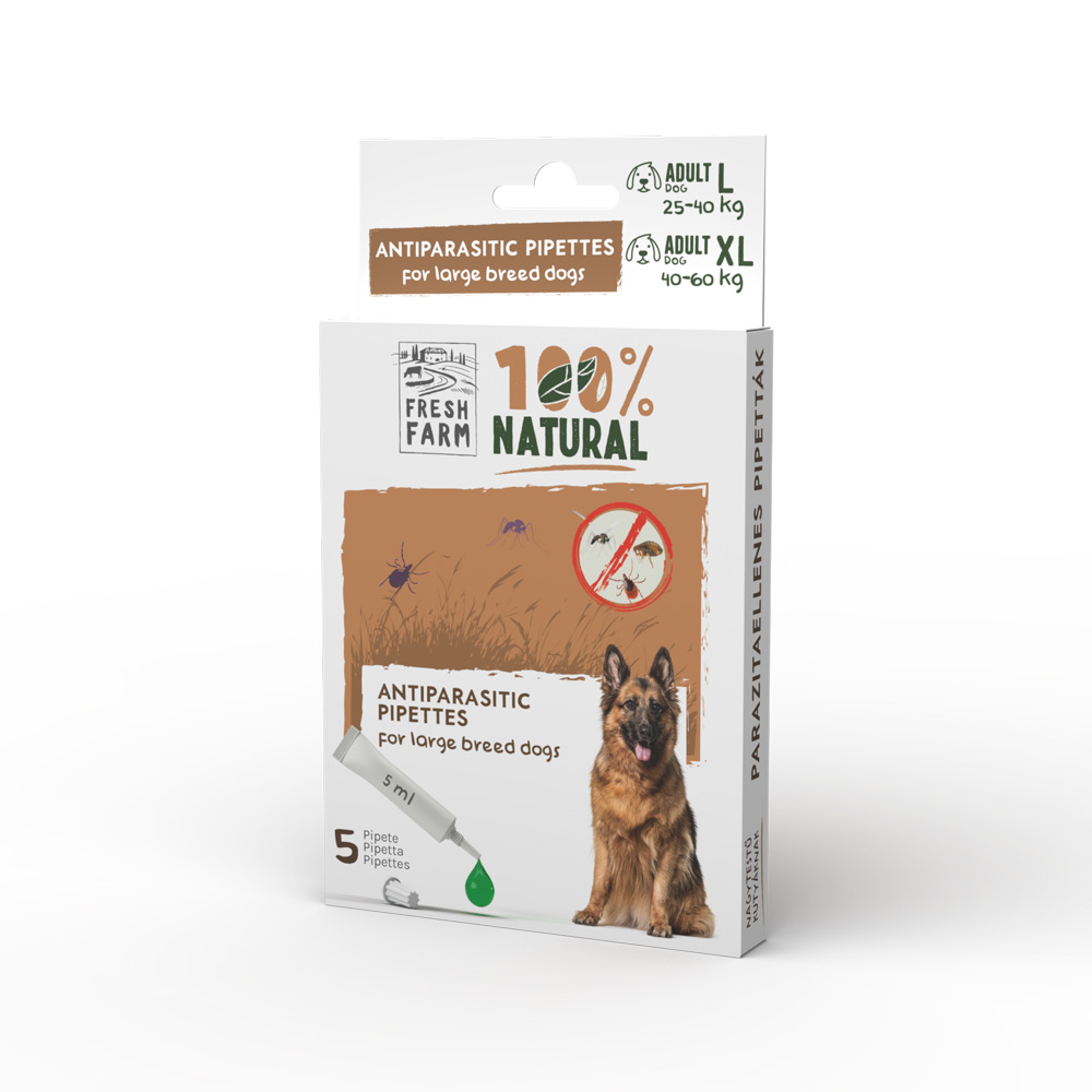 Pipete antiparazitare naturale Fresh Farm pentru câini de talie mare (L–XL), 5 × 5 ml
