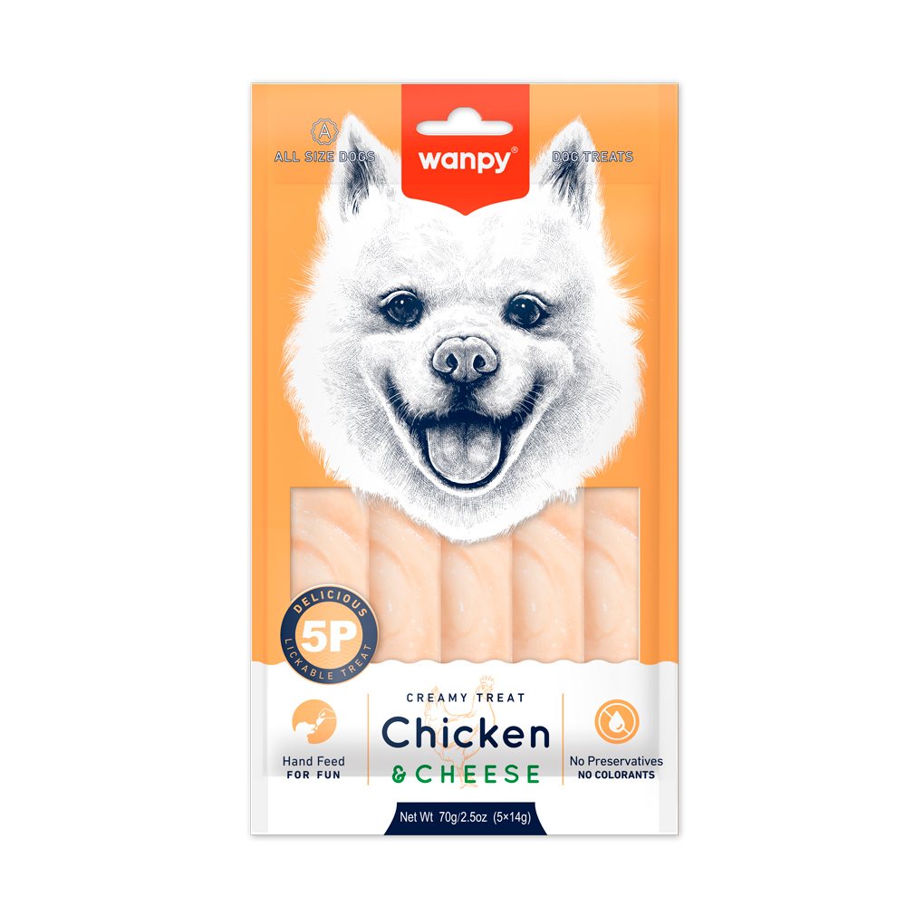 Recompense cremoase pentru câini Wanpy, pui și brânză, 5 × 14 g