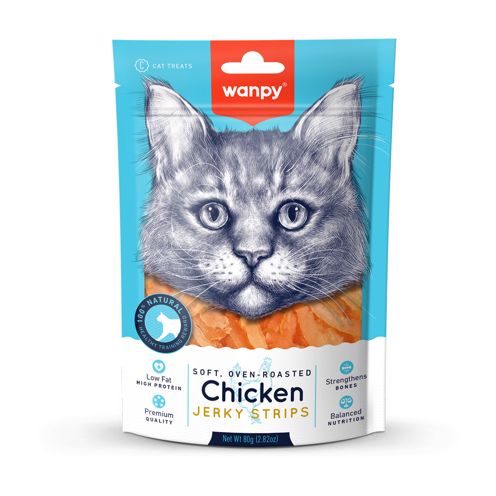 Recompense pentru pisici Wanpy Jerky, bucăți de pui, 80 g