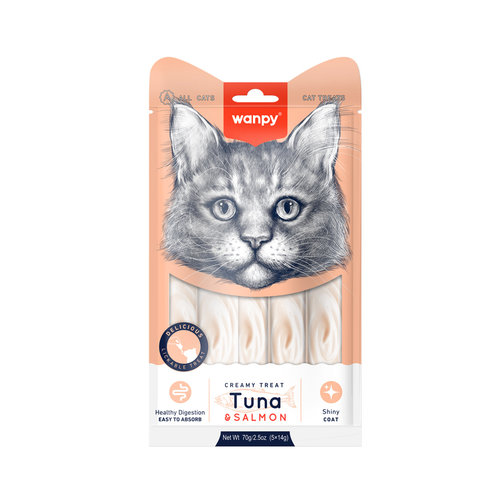 Recompense cremoase pentru pisici Wanpy, ton și somon, 5 × 14 g