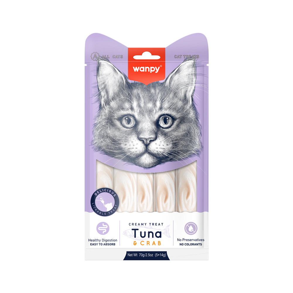 Recompense cremoase pentru pisici Wanpy, ton și crab, 5 × 14 g