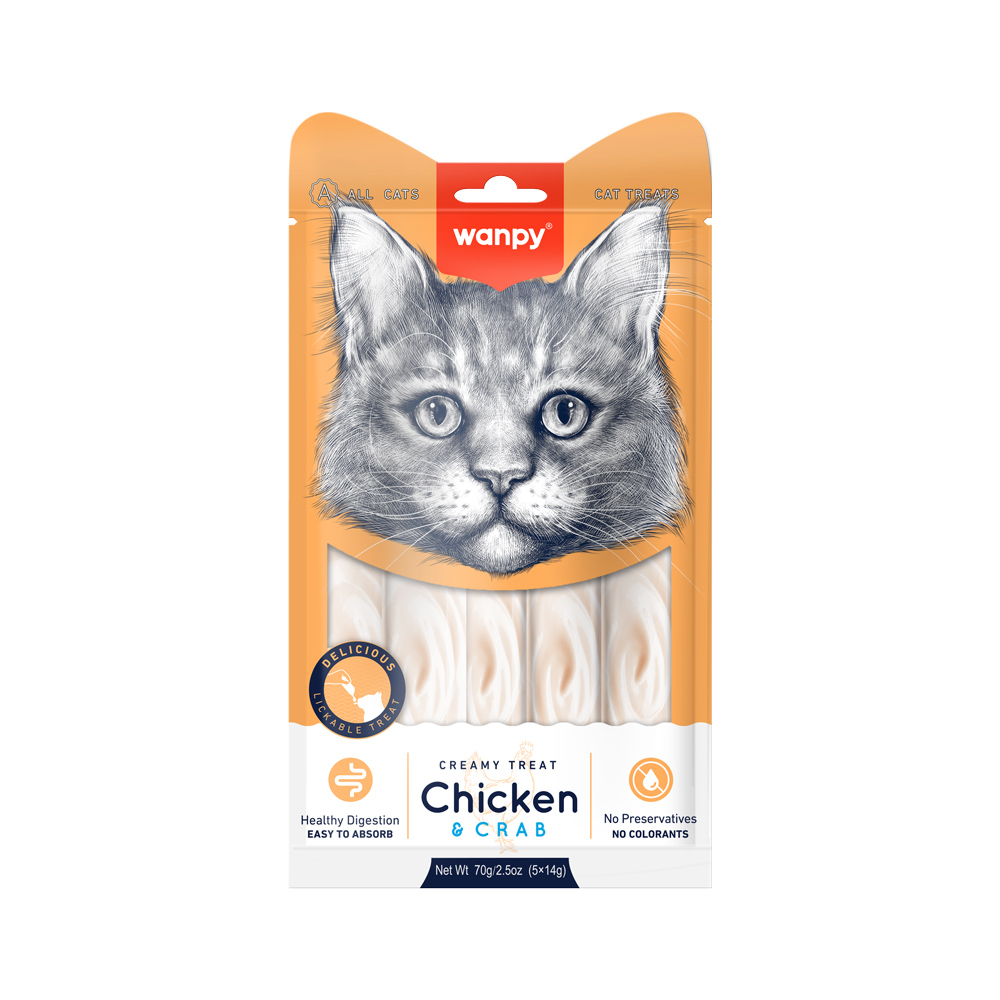 Recompense cremoase pentru pisici Wanpy, pui și crab, 5 × 14 g
