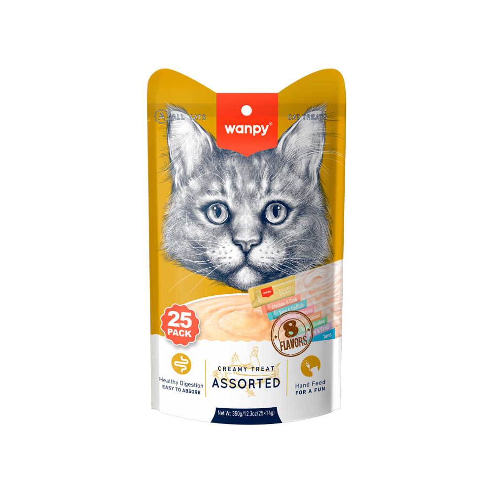 Recompense cu sos cremos pentru pisici Wanpy, mix de arome, 25 × 14 g