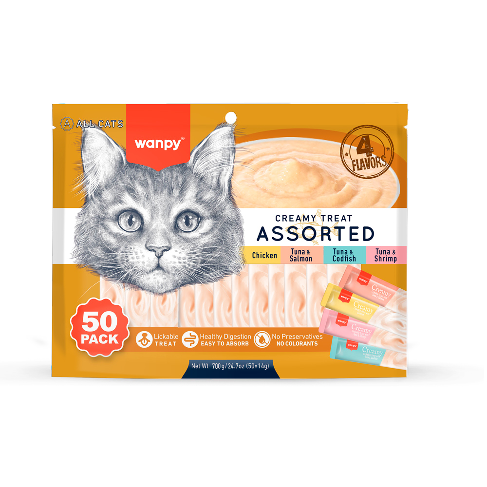 Recompense cremoase pentru pisici Wanpy, mix de arome, 50 × 14 g