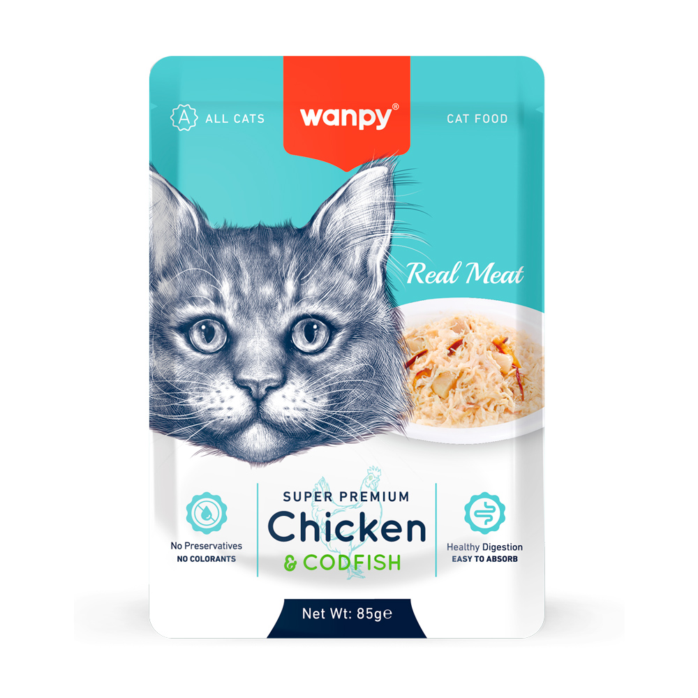 Hrană umedă pentru pisici Wanpy, pui și cod, 85 g
