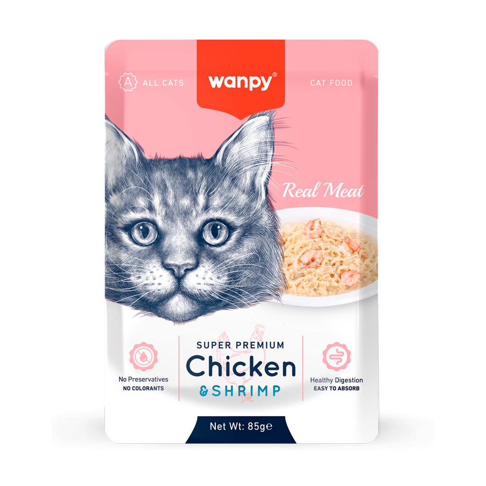 Hrană umedă pentru pisici Wanpy, pui și creveți, 85 g