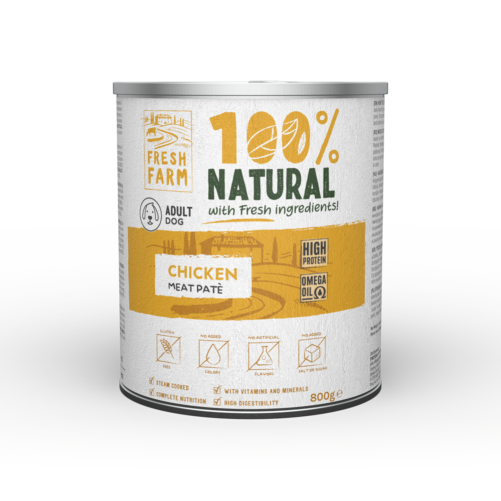 Hrană umedă pentru câini Fresh Farm pate fin cu pui, 800 g
